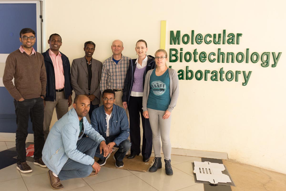 Arriving at the EIAR biotech labs with Agricultural Biotechnology Research Director, Dr Tadessa Daba (back, third from left).